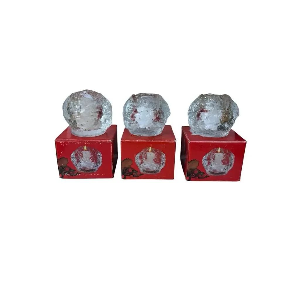 Vintage Ice Cube Snowball Glass Candle Holders Set of 3 Made in Taiwan w/ Boxes